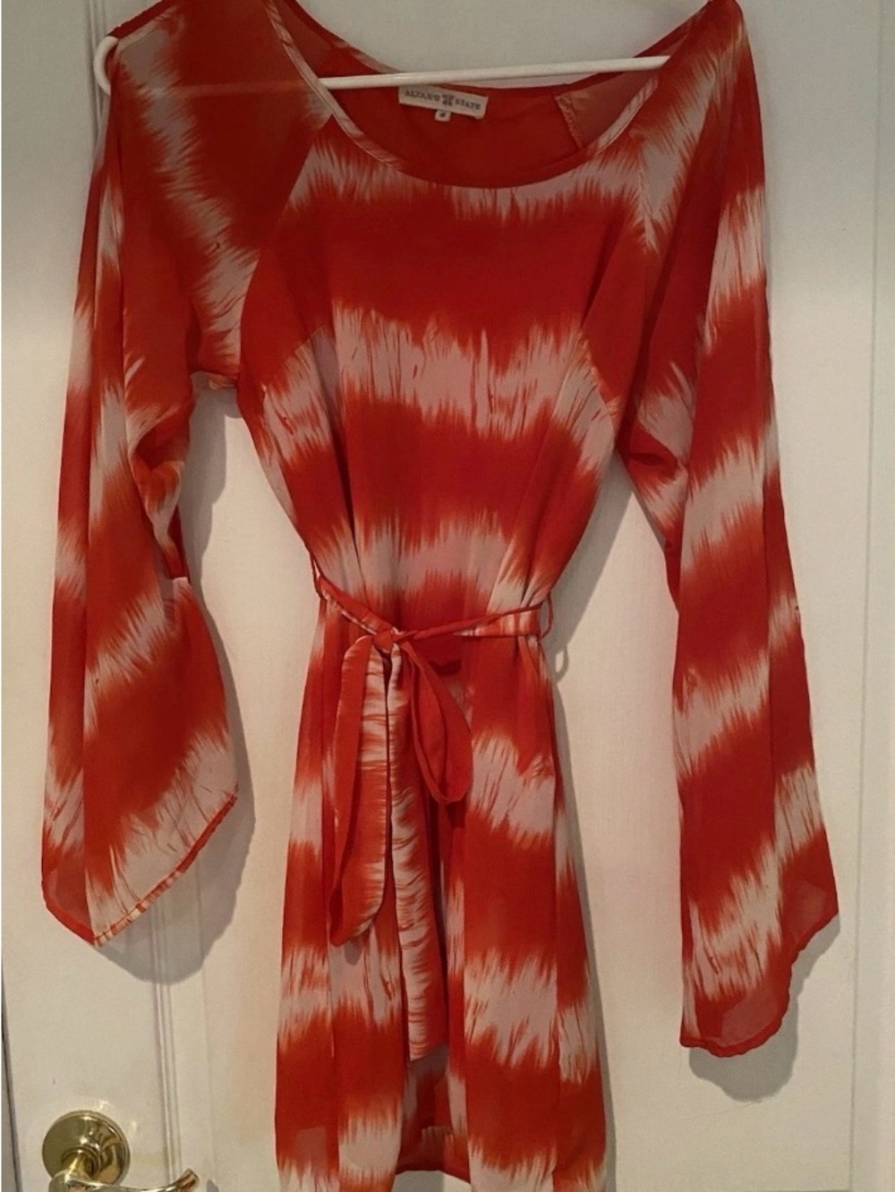 Altar'd State Red & White Tie-Waist Long Sleeve Dress